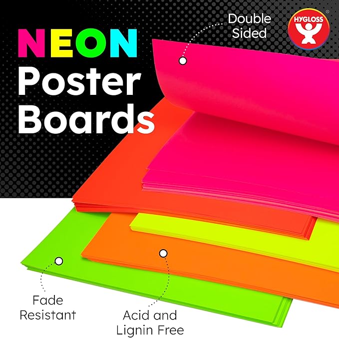 Hygloss Large Poster Board 22x28 - 25 Assorted Neon Color Poster Boards Bulk Pack - 10 Pt. Thickness Colored Poster Board Paper for Projects, Signs, Displays, Crafts - Posterboard Multipack 22" x 28"