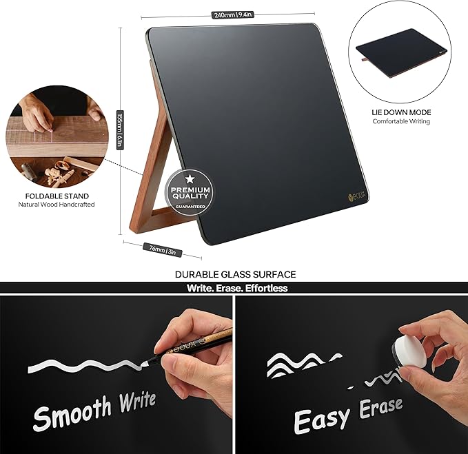 Black Glass Desk Whiteboard with Reversible Wood Stand, Small Portable Desktop Dry Erase White Board, Reusable Desk Notepad Easel 6.7"x9.5" for Office, Home, Kitchen, Marker&Eraser Included, Yeoux