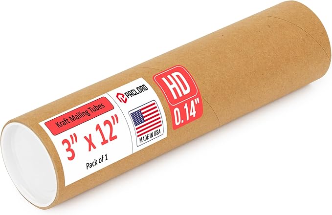Paclord 3" x 12" Heavy-Duty Reinforced Cardboard Mailing Tube, Pack of 1 Tube with 2 Caps – Secure USPS Approved – Great for Shipping and Storing of Prints, Artwork, Posters or Documents