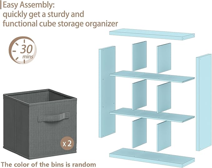 Bookshelf with Storage Bins, 9-Cube Storage Organizer Sturdy Wooden Bookcase Open Book Shelf, Multifunctional Cubicle Rack for Storages & Display, Furniture for Living Room Bedroom Office, White