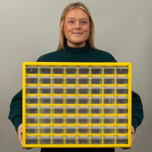 Akro-Mils 64-Drawer Plastic Drawer Storage Cabinet for Garage Organization, Bead Organizer, Building Bricks Storage, Teacher Toolbox, Makeup Organizer, 20" W x 6" D x 16" H, 10164 Yellow