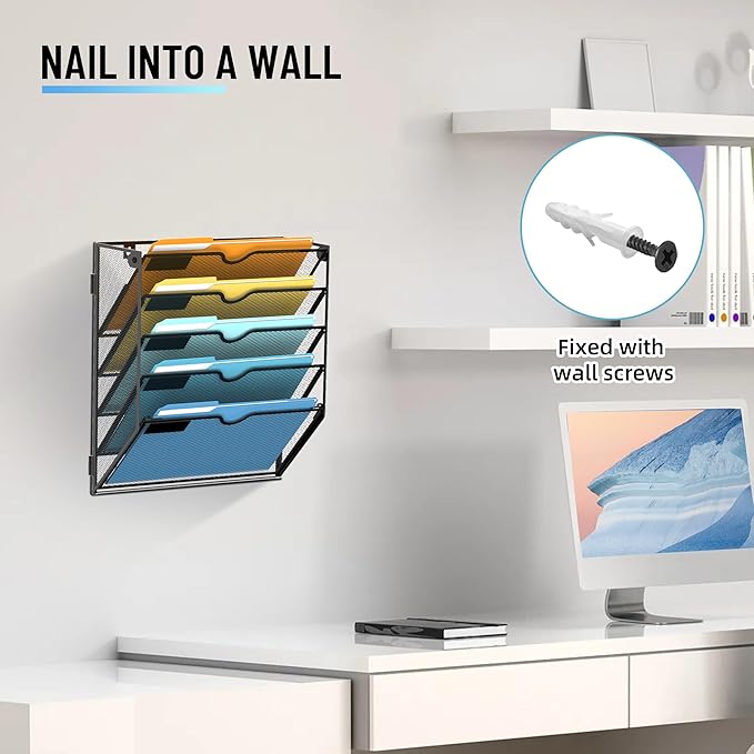 SUPEASY 5-Tier Wall File Holder Organizer with Hooks, Mesh Hanging File Organizer, Mail Organizer Wall Mounted for Papers, Folders, Office Magazine Rack, Black, 2Pack
