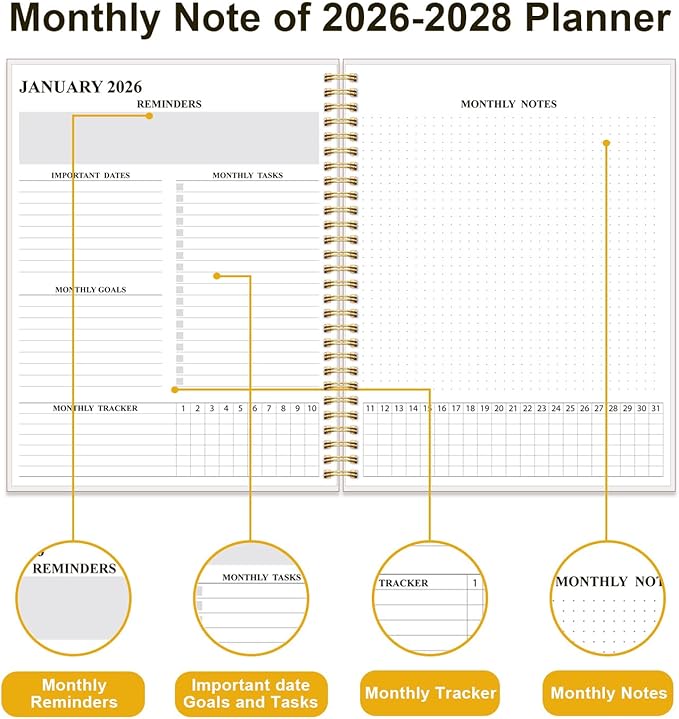 2026-2028 Monthly Planner, Three Years Calendar from January 2026 - December 2028 with Spiral Binding, Inner Pocket, Elastic Closure, 38 Month Planner for Home | School | Office, 8.5" x 11", White Gold Leaf