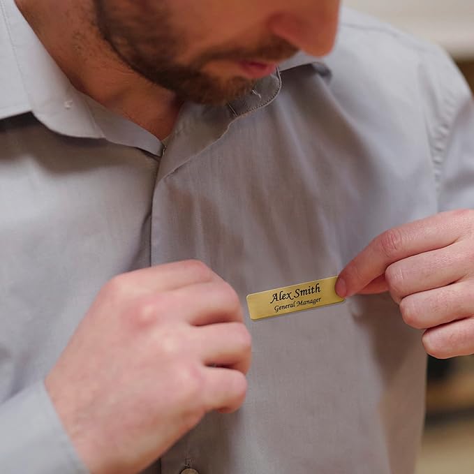 Custom Engraved ID Name Tag Badges Identification Personalized with Text & Logos, Metal Name for Clothing with Pin or Magnetic Backing Plates for Business and Employees (Only Text)