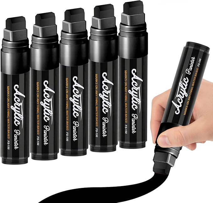MEHVOR Acrylic Paint Markers, 5 Poster Markers Jumbo Black,15mm Wide Tip Permanent Ink 36g, Thick Acrylic paint pens for Poster, Glass, Rock Painting, Stone, Wood, Car, Ceramic, Fabric （Black）