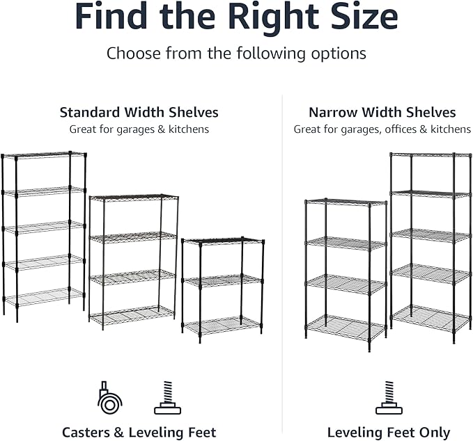 Amazon Basics 4-Shelf Adjustable, Heavy Duty Storage Shelving Unit on 3'' Wheel Casters, Metal Organizer Wire Rack, 36" L x 14" W x 57.75" H, Black