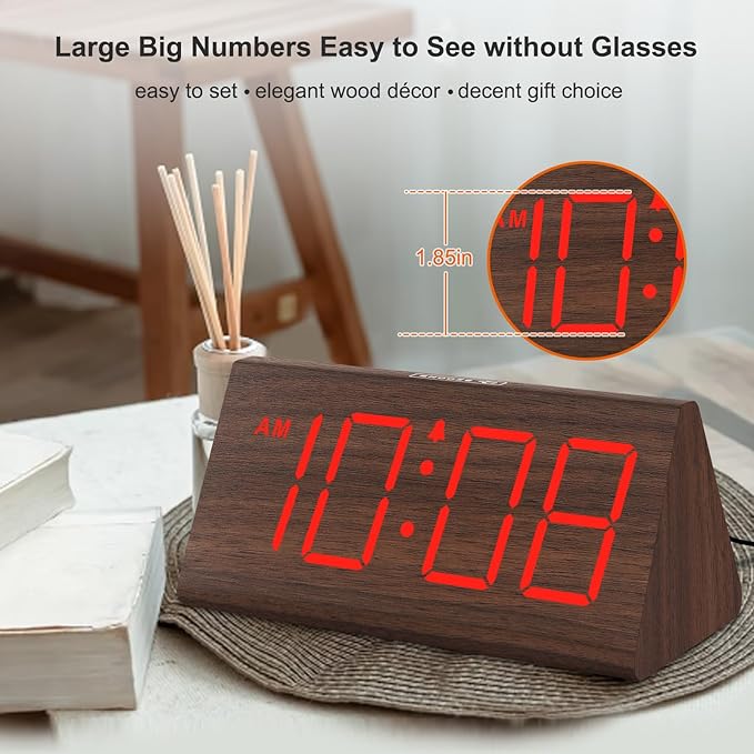 DreamSky Wooden Digital Alarm Clocks for Bedrooms - Electric Desk Clock with Large Numbers, USB Port, Loud Alarm for Heavy Sleepers, Adjustable Volume, Dimmer, Snooze, DST, Wood Décor, Adapter Powered
