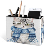 Famame Winter Scarf Cat Pencil Holder for Desk, Leather Desktop Container Pen Cup Storage Study Table Pen Organizer Makeup Brush Holder for Classroom Office Home