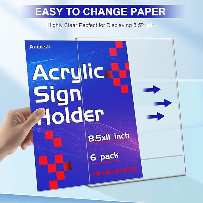 Anwesti Acrylic Sign Holder 8.5" x 11" - 6 Pack Clear L-Shaped Tabletop Menu Frame for Restaurants, Photos, Posters | Slanted Back Design | Durable Promotional Display Stand