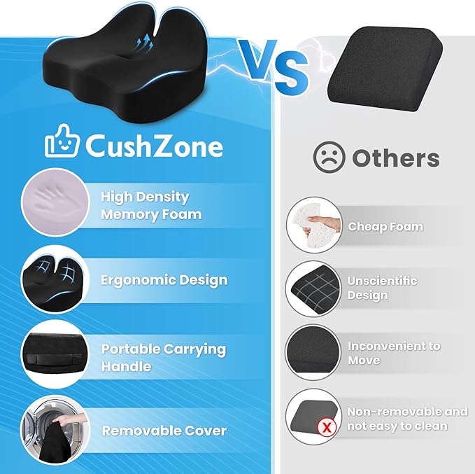 CushZone Seat Cushion, Memory Foam Office Chair Seat Cushion for Office Chairs/Car/Long Trip/Desk Chair/Gaming, X-Large Size for Sciatica & Hip & Tailbone Pain Relief, Sciatica Support (Black)