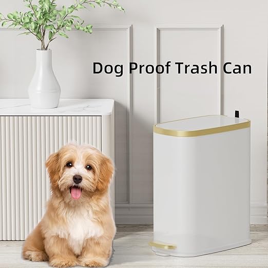 KUK Small Bathroom Trash Can with Lid Soft Close, Step Pedal, 2.6 Gal Stainless Steel Garbage Can with Removable Inner Bucket, Anti-Fingerprint Wastebasket for Office, Bedroom, Toilet (White)