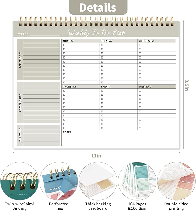 104 Pgs Weekly To Do List Notepad, 52 Duplex-Printed Undated Sheets 100 GSM（8.5"×11") Weekly Desk Planner For Work Home School Office Desk Accessories Supplies & Goal Setting Tasks - Beige