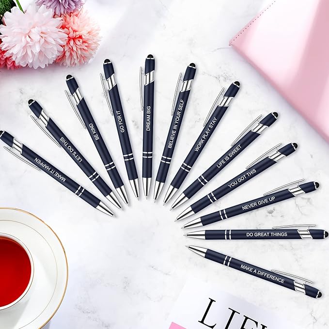 Zonon 12 Pcs Inspirational Pens Bulk Funny Ballpoint Pen with Stylus Tip Motivational Gifts for Valentine's Day Teacher Coworkers Nurse School Office Supplies(Navy,Motivational Style)