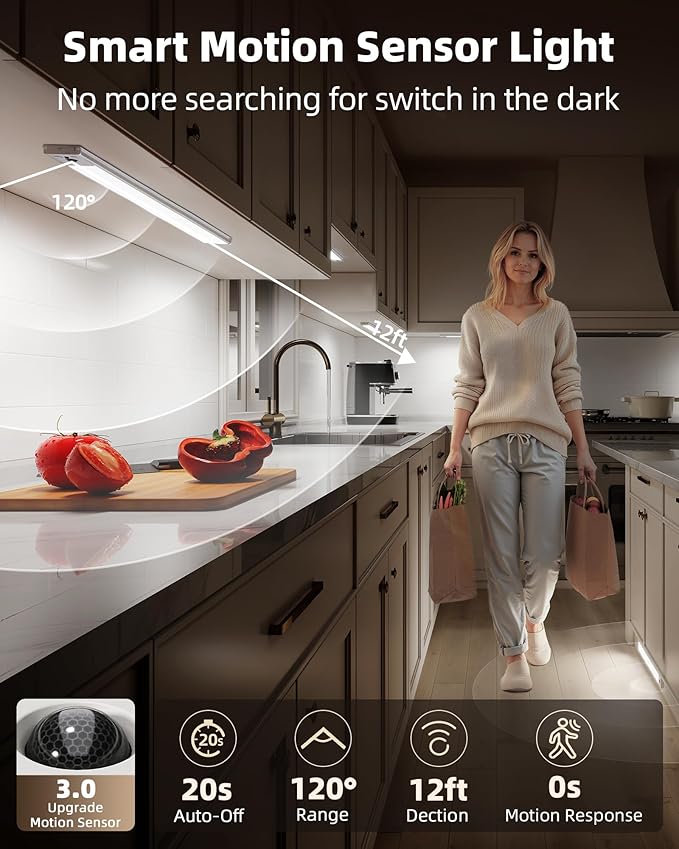 EZVALO 5 Pack Under Cabinet Lighting, 4000mAh Rechargeable Motion Sensor Light, 16.5inch Magnetic Closet Lights with Dimmable & 3 Color Temps, Wireless Motion Activated Lights with Remote for Kitchen