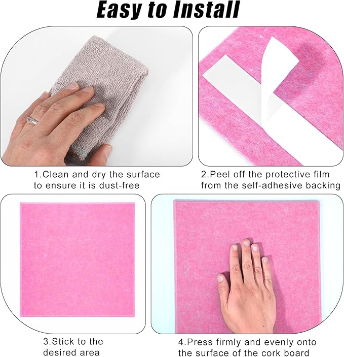 Large Cork Board 36" x 24", 6 Pack Felt Wall Tiles with Colored Pushpins, Bulletin Board with Removable Self-Adhesive Strips, Pin Board Cork Boards for Walls Office Home-Hot Pink