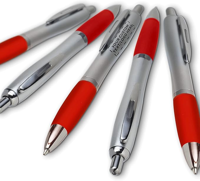DISCOUNT PROMOS Personalized Ballpoint Pens With Rubber Grip, 50 pack Customizable Ergonomic Click-to-Write Custom Writing Pens for School with Black Ink, Red