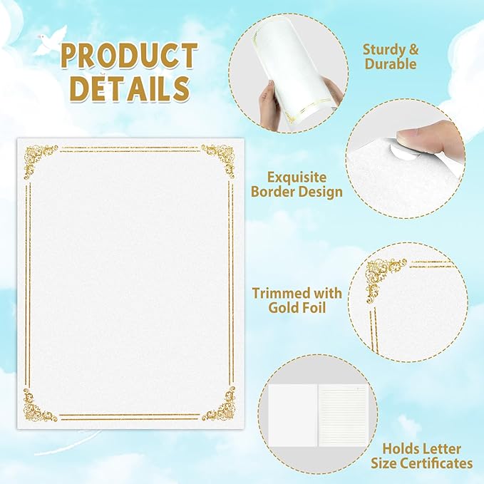 gisgfim 15Pcs Certificate Holders Diploma Covers Single Sided Gold Foil Border Award Certificate Covers for Letter Size 8.5x11 Certificates Cardstock Document Papers Storage Organizer (White)