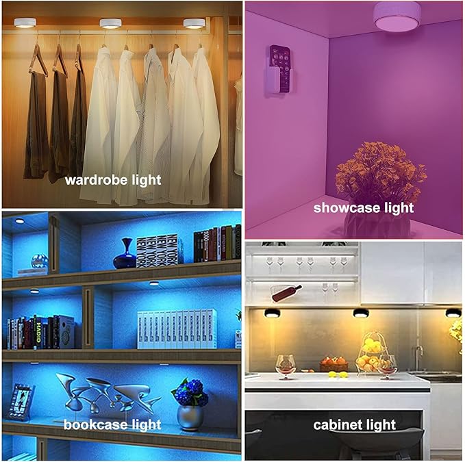 Onumii Puck Lights with Remote Battery Operated ED Under Cabinet Lighting Wireless Stick on Color Changing Timer Tap Lights for Cabinets Shelves Closets Display Case - 2Pack White