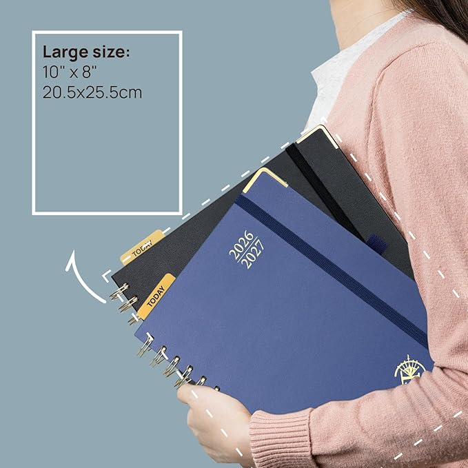 POPRUN Monthly Planner 2026-2027 Spiral Hardcover (8'' x 10''), 18 Months Calendar (Jan.2026-Jun.2027) - 2 Pages per Month with Dotted Note Pages, Sunday Start, Laminated Tab - Navy Blue