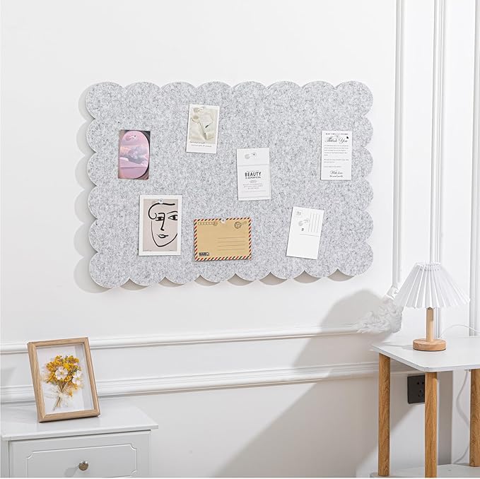 Mooliwe Scalloped Felt Bulletin Board 36 x 24 Inches Foldable Light Gray Pin Cork Board Alternative for Wall, 3' x 2' Trifold Picture Vision Self Adhesive Bulletin Decorative