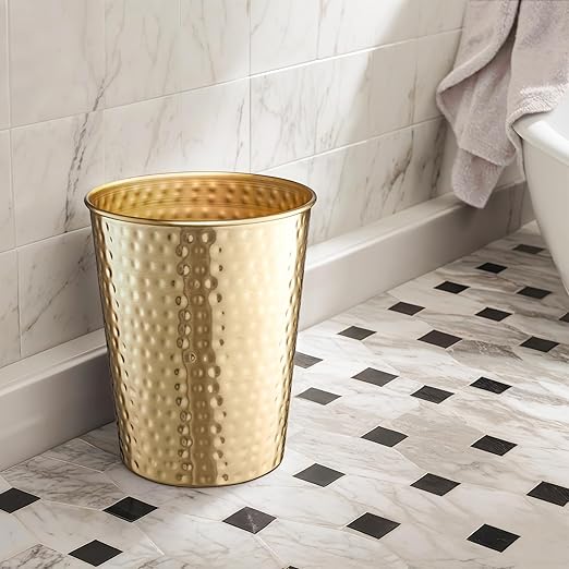 Monarch Abode Metal Bathroom Trash Can – Waste Basket for Bedroom, Office Desk, & Dorm, Hand Hammered, Durable Decorative Brushed Gold Small Trash Can Bathroom Garbage Bin Wastebasket