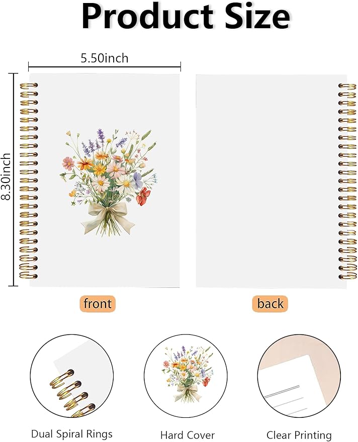 BitKan Floral Spiral Notebook, Pretty Colorful Wildflower Flower Aesthetic Journal, Cottagecore Floral Journal for Women, Preppy Bow Botanical Flower Notebook 5.5x8.3 Inch-373