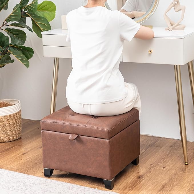 Asense 17 Inch Storage Ottoman Foot Rest,Square Faux Leather Foot Stool,Small Ottoman with Storage,Padded Seat for Entryway,Living Room,Bedroom,Couch,Under Desk,Rust Brown