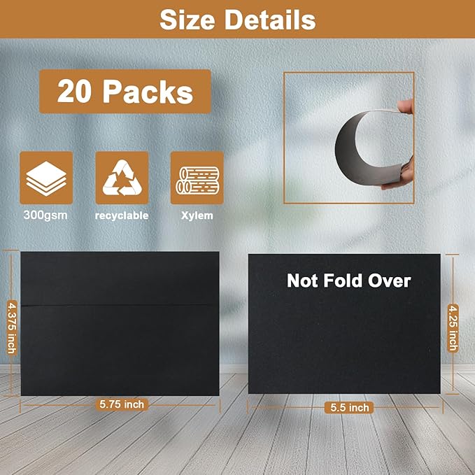 Silunkia Black Greeting Cards with Envelopes 4.25 x 5.5 Heavyweight Single Panel Cardstock and Printable A2 Envelopes Self Seal 20 Packs for DIY Wedding Invitations, Christmas, Birthday Party
