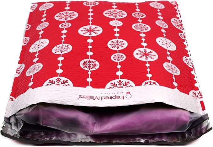 Bubble Mailers 12x15" - Red Snowflake Baubles (Writable Area) - 25 Pack - Large Padded Envelopes 12x15 - Poly Bubble Mailers Padded Mailers - Holiday Bubble Envelopes