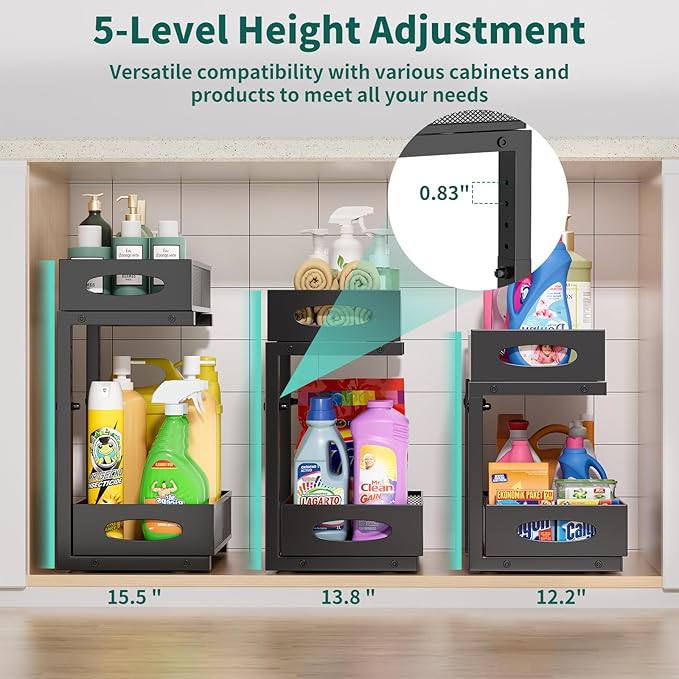 Beleeb Under Sink Organizer, 2-Pack of 2-Tier Metal Slide Out Pull Out Cabinet Organizer Shelf, Height Adjustable Organization and Storage Series, Bathroom/Desktop/Cabinet/Kitchen Organization, Black