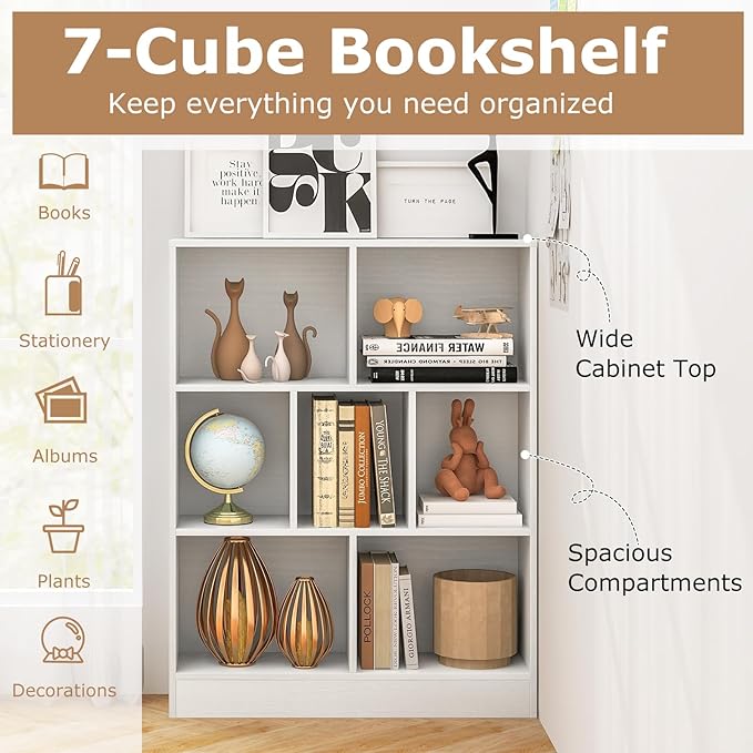 Tangkula 7-Cube Bookshelf, 41” Floor Bookcase with 2 Anti-Tipping Kits, Freestanding Storage Organizer, 4-Tier Display Shelf for Home, Office & Dorms, Natural/White (White, 7-Cube)