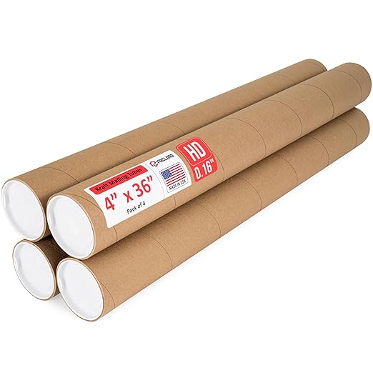 Paclord 4" x 36" Heavy-Duty Reinforced Cardboard Mailing Tube, Pack of 4 Tubes with 8 Caps – Secure USPS Approved – Great for Shipping and Storing of Prints, Artwork, Posters or Documents