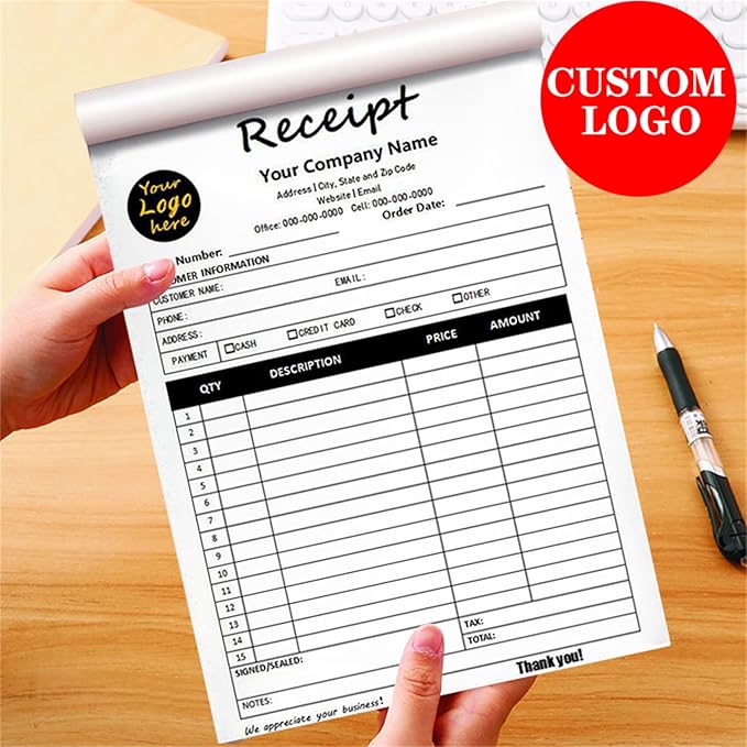 Custom Invoice Book in 3-Part /2-Part Receipt Book with Carbon Copies Personalized Carbonless Service Invoice Form Books Sales Order Book with Company Name Logo Address,D-Receipt Book