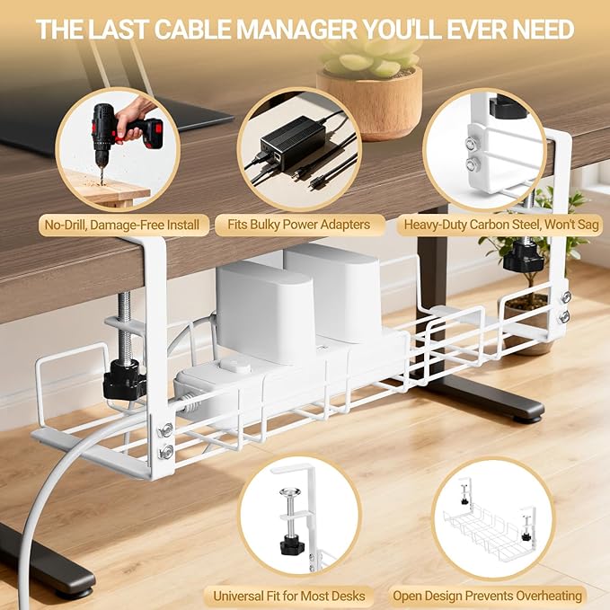 JETONN Under Desk Cable Management Tray, 15.7'' Metal Wire Organizer with Clamp, No Drill Desk Cord Rack for Cable Management, Computer Wire Organizer for Office and Home, Sturdy & Scratch-Free