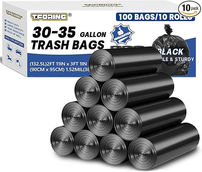 T.FORING 30-35 Gallon Trash Bags Heavy Duty 1.5 Mil - 35" x 37" 100 Count Large Black Garbage Bags 30+ Gallon Strong Plastic Trash Can Liners for Home Kitchen Commercial Lawn and Leaf