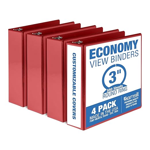 Samsill 3 Inch 3 Ring Binders, Made in USA, Economy Round Ring, Clear View Cover, 550 Sheet Capacity - for School, Home, Office - Red, 4 Pack
