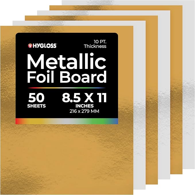Hygloss Metallic Cardstock Sheets – 50 Shiny Gold & Silver Sheets, 8.5” x 11” - Sturdy 10 pt. – Metallic Foil Board Paper for Crafts, Scrapbooking, Posters & Decorations