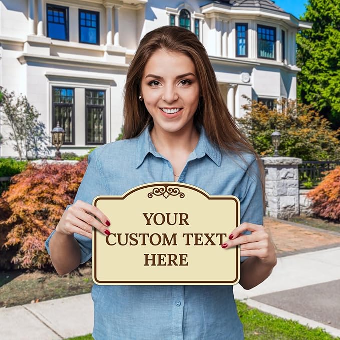 Custom Decorative Sign, Personalized Metal Sign for Business, Driveway, Home, Airbnb, Office Door Plaque, Brown Border Sign, 7x10 Inches, ACM, Fade Resistant, Made in USA by Sigo Signs