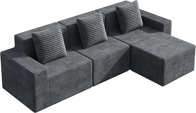WLIVE 110'' Boneless Couch for Living Room, Modular Sectional Sofa, Cloud Memory Foam Couch L Shape with Chaise, Grey