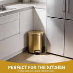 SIMPLYKLEEN Bathroom Trash Can with Lid - 2PC Oval Small Trash Can with Soft-Close Lid, Foot Pedal, Brushed Stainless Steel, Removable Liner, Garbage can for Kitchen, Office, Home Gold