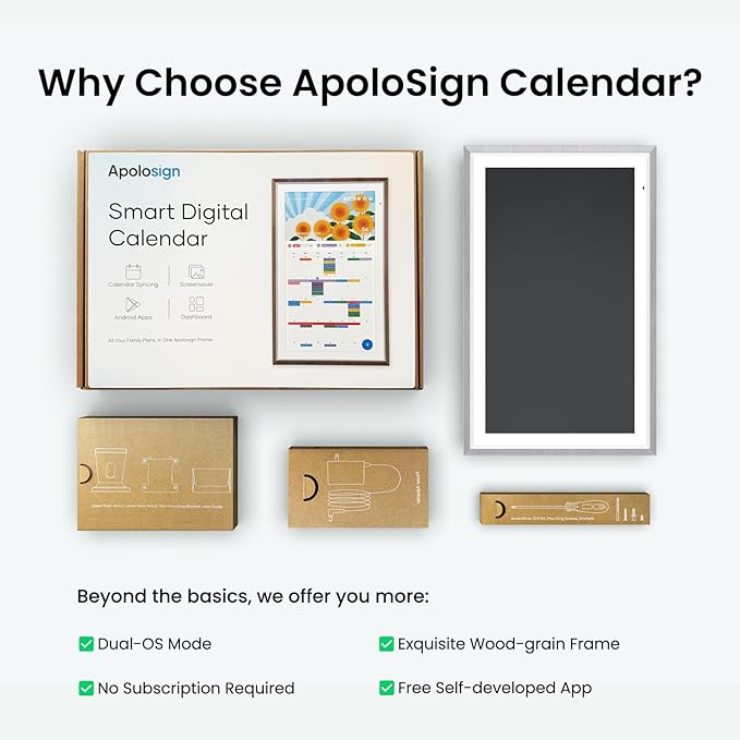ApoloSign 15.6-inch Digital Calendar: Dual Mode Calendars with Google Play & Multi-calendar Sync, Electronic Planner & Chore Chart, Smart Touchscreen, Interactive Display for Family Schedules (Gray Wood, 15.6")