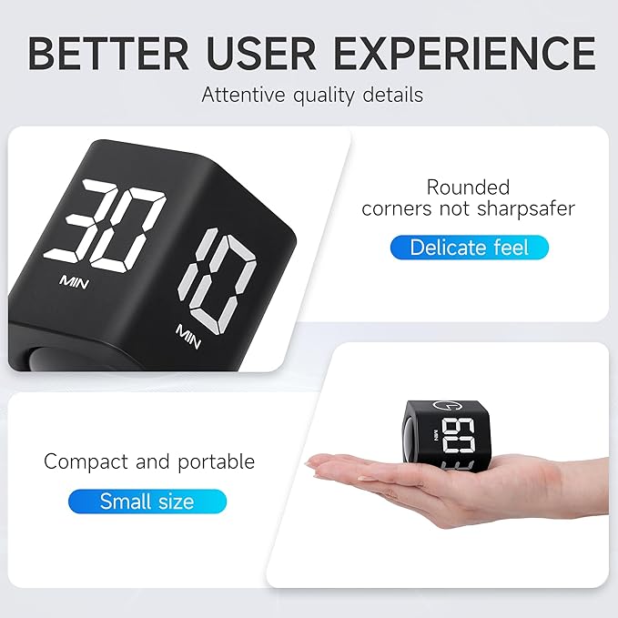 Exlliy Productivity Timer 1, 5, 10, 30, 60 Minutes Preset, Desk Cube Timer with Gravity Sensor/Mute/Vibration for ADHD, Work, Study, Kitchen, Back to School (1, Black)