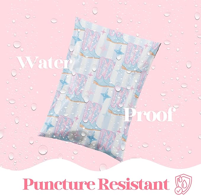 Pretty Package Store 6x9 Designer Poly Mailer 100 Pack Heavy Duty Waterproof Self Seal Shipping Bags for Small Business Large Mailing Envelopes Bulk Tear Resistant Packaging Cowgirl Boots Western