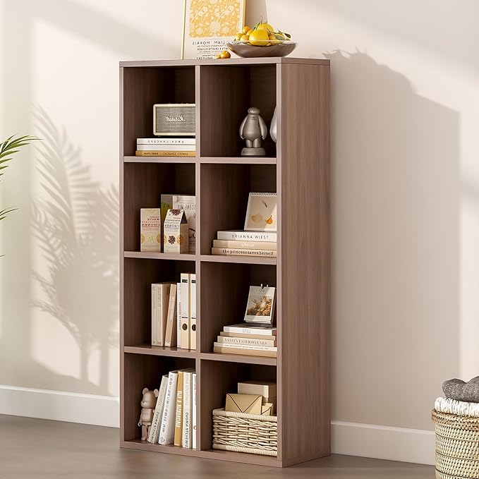 OSCHF 8-Cube Storage Shelf Bookcase - Wooden 4-Tier Floor Standing Open Bookshelf for Home and Office, Cuby Orgainzer, Walnut