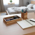 Kifmurase Wooden Desk Tray with 2 PCS Pen Holder, Wood Desk Drawer Organizer with Felt Lined, Aesthetic Organizer Tray& Pen Holder Office Home Desktop Accessories for Keys Pencils Watch Earbuds