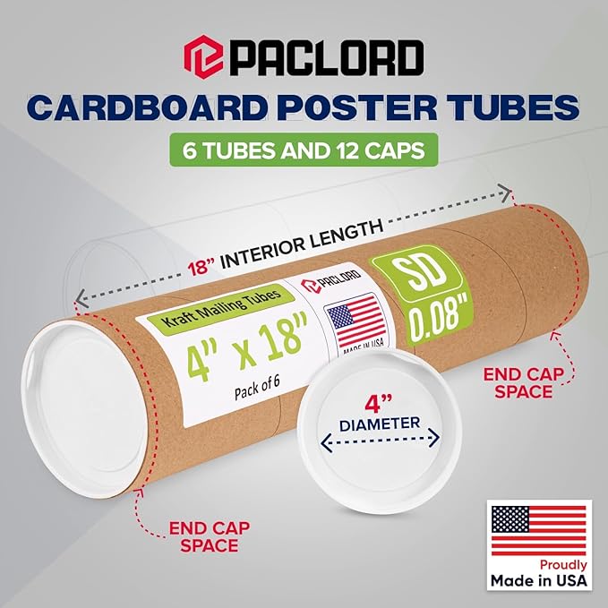 Paclord 4" x 18" Reinforced Kraft Paper Mailing Tube, Pack of 6 Tubes with 12 Caps – Secure USPS Approved Poster Tube – Cardboard Tube for Shipping and Storing Posters, Prints, Artwork, or Documents