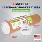 Paclord 4" x 18" Reinforced Kraft Paper Mailing Tube, Pack of 6 Tubes with 12 Caps – Secure USPS Approved Poster Tube – Cardboard Tube for Shipping and Storing Posters, Prints, Artwork, or Documents