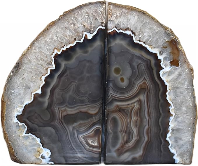 Nature's Decorations A Quality Black Agate Geode Bookends - Heavy Duty with Non-Skid Rubber Bumpers for Shelves, Office, Home Decor - Cool Crystal Stone (1 Pair 2-3 LB)