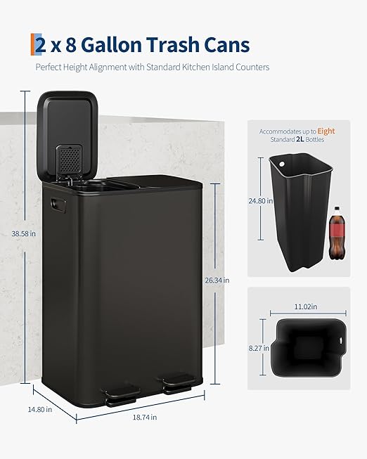 Garvee Trash Can, 2 x 8 gal (2 x 30 L) Garbage Can for Kitchen Dual Compartment Recycling Kitchen Step Trash Bin, Stainless Steel Trash and Recycle Bin Combo with Soft-Close Lid,Black