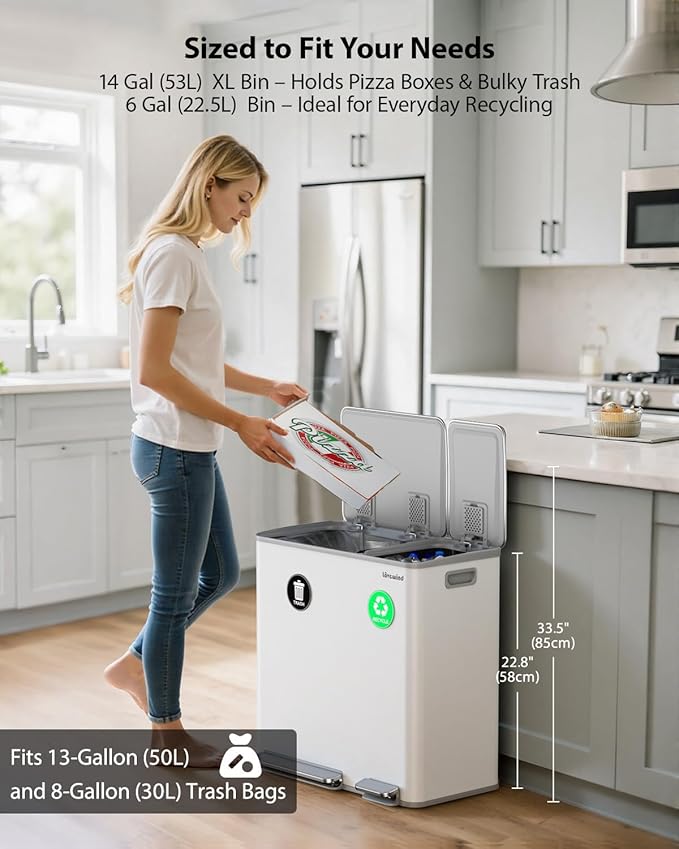 Lovewind Dual Trash Can, 14 + 6 Gallon Garbage Can for Kitchen Dual Compartment Recycling Kitchen Step Trash Bin, Stainless Steel Trash and Recycle Bin Combo with Soft-Close Lid, White